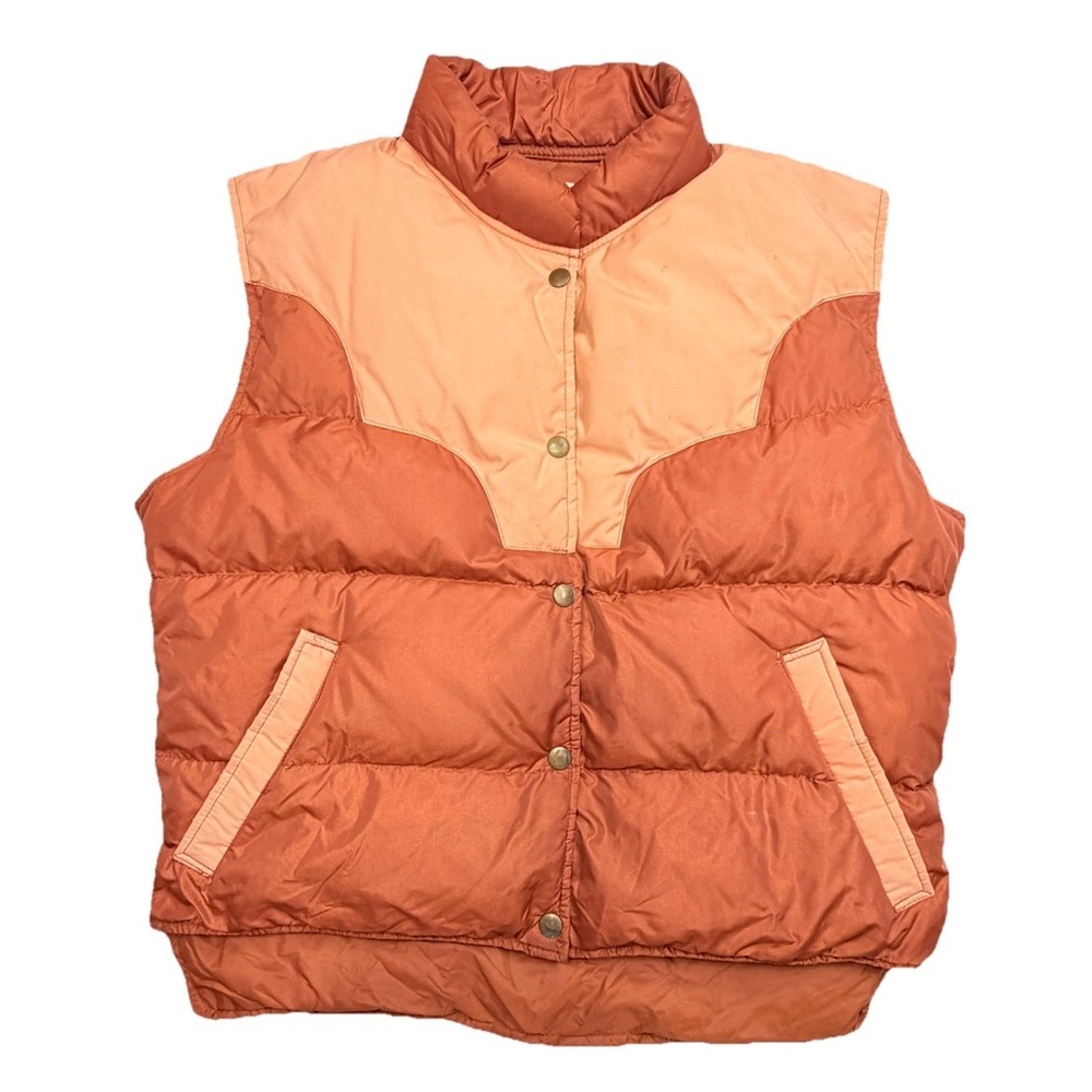 Vintage Comfy Goose Down Puffer Vest Peach Brown Snap Front USA Men's Medium
